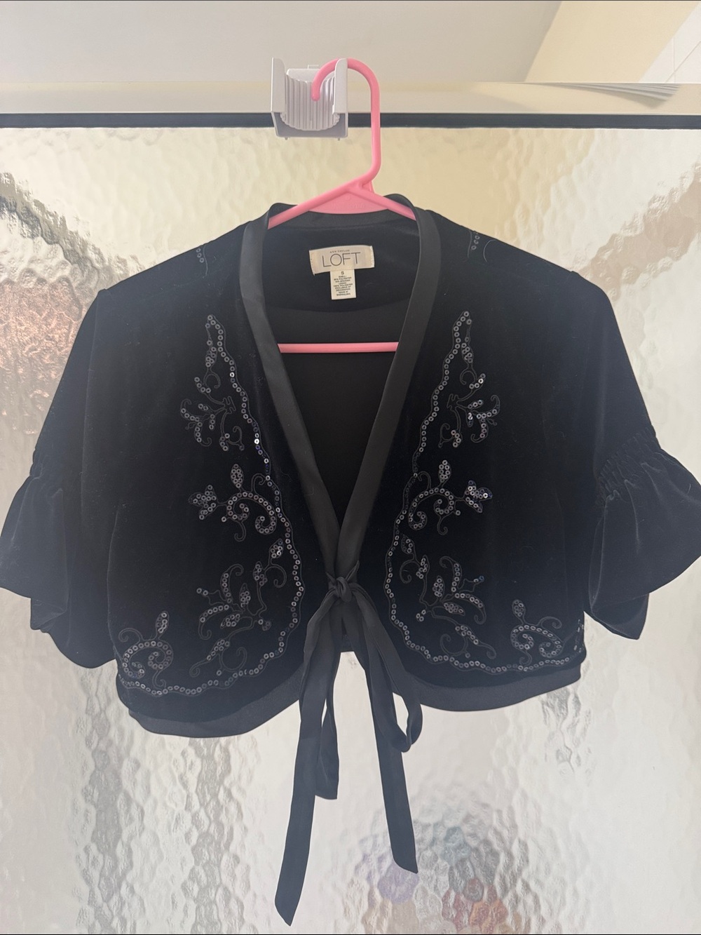 LOFT Black Velvet Sequin Tie-Front Bolero